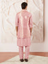 Men's Pink Silk Blend Jacket Kurta And Pyjama Set